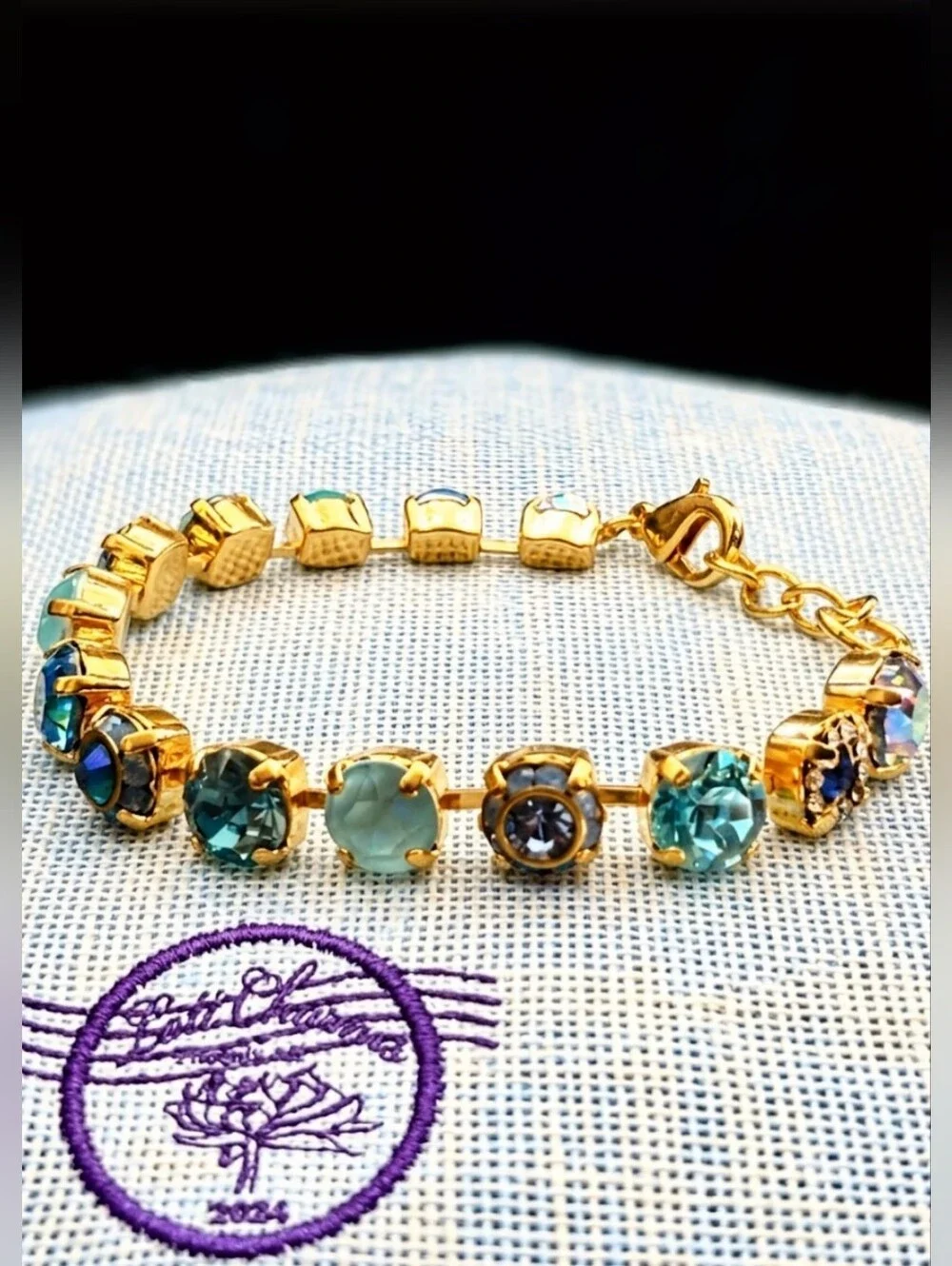 Aquamarine Light Blue Flower Crystals AB In Classic Tennis Gold Plated Bracelet